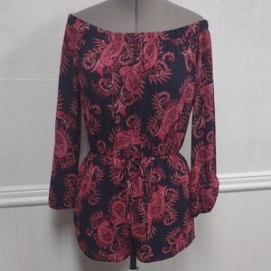 a'gaci Navy and Red Paisley Off-Shoulder Romper,Beach,Bohemian Vacation.